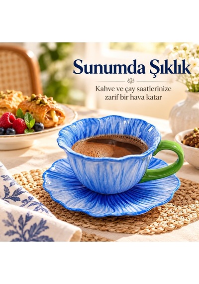 Tr Gelincik Serisi Çiçek Tasarımlı Fincan Ve Tabak Seti 350 Ml Dekoratif Kahve Çay Fincanı Mavi Diğer
