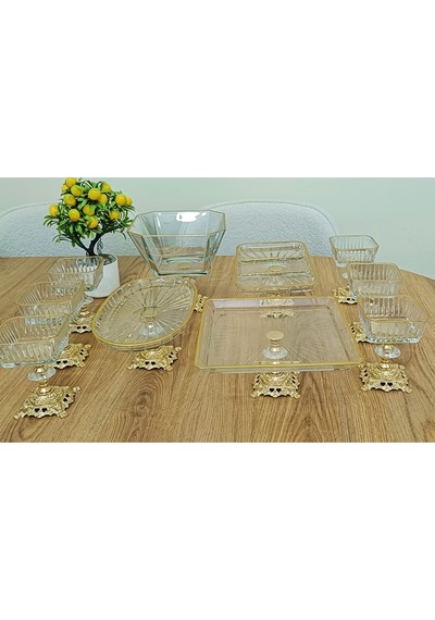 Elta Collection 10 Parca Gold Metal Ayaklı Pasta - Salata - Tatlı - Kase Ve Servis Sunum Seti Gold