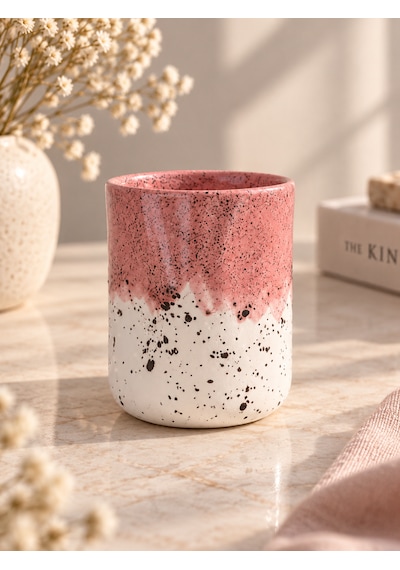 Artistik Sırlı El Yapımı Parmak İzli Seramik Kupa Beyaz-pembe