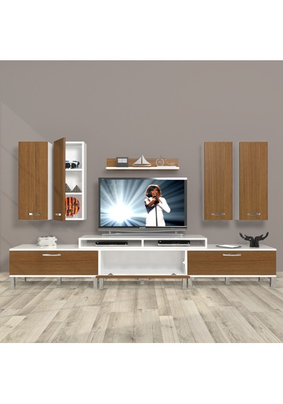 Decoraktiv Ekoflex 8d Slm Krom Ayaklı Tv Ünitesi Tv Sehpası Beyaz - Ceviz