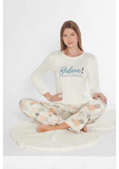 Uzun Kol Pijama Takım Viskon Mevsimlik Alperi 790-310 Ekru