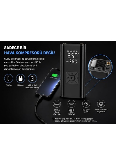 Tr Kablosuz Taşınabilir Hava Kompresörü 150 Psı, 6000 Mah, 120w