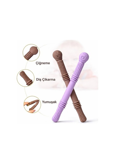 Bebek Diş Kaşıyıcısı Silikon Pipet & Diş Kaşıyıcı Set 2 Li Kahverengi & Mor Yeşil - Sarı