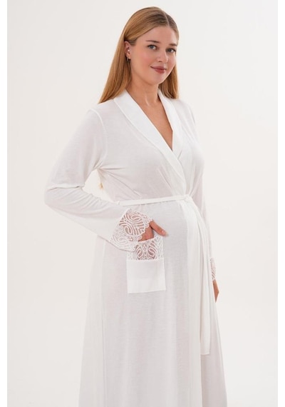 Mecit Pijama Mecit 6306 Ekru Kadın Uzun Kollu Uzun Sabahlık Ekru