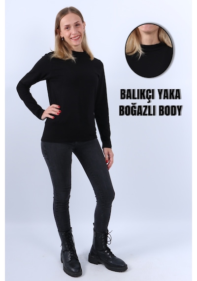 Kadın Balıkçı Yaka Uzun Kollu Body Siyah