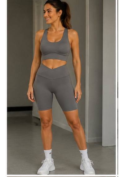 Cocosushicooo Kadın Gri Spor Takım Yüksek Bel Toparlayıcı Biker Tayt Ve Sırt Detaylı Spor Büstiyer