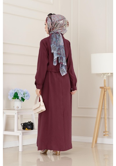 Sevitli Cep Detaylı Cepkenli Ela Elbise-bordo-5078