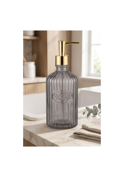 Glassy Dekoratif Cam Sabunluk Gold Pompalı Vintage Çizgili Sıvı Sabun Ve Deterjan Dispenseri - 21.5 Cm X 8 Cm - Siyah