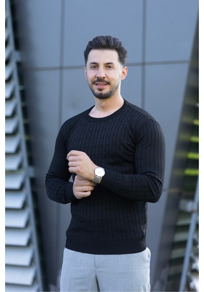 Hk Premium Triko Kazak Fitilli Slim Fit Bisiklet Yaka Likralı Kışlık Sweatshirt Siyah