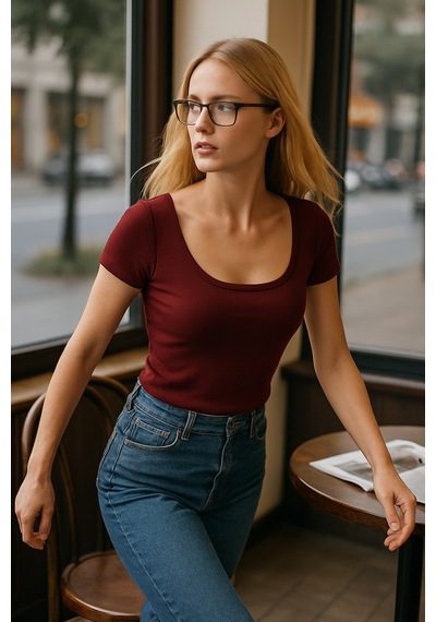 Madmext Bordo Geniş Yaka Kadın T-shirt Mg2341 Bordo