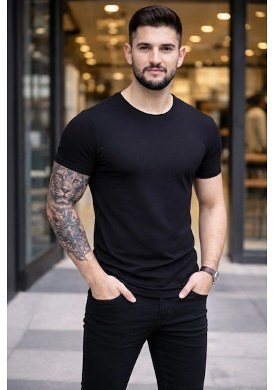 Novalisse Erkek Body Tişört Bisiklet Yaka Slim Fit Likralı T-shirt - Siyah Çoklu Renk