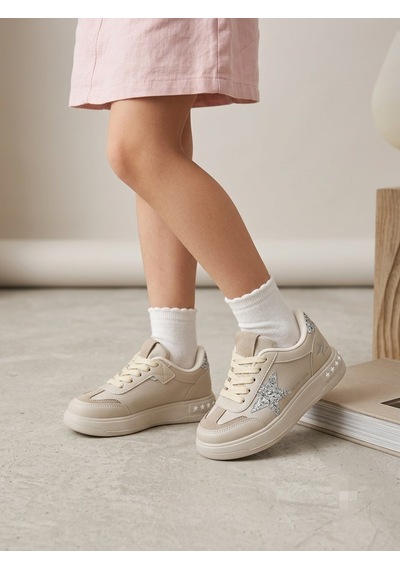 Hayo Cırtlı Süs Bağcıklı Yaldız İşlemeli Kız Çocuk Rahat Hafif Sneaker Spor Ayakkabı Bej - Gümüş