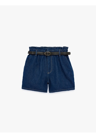 Koton Yüksek Bel Cepli Pamuklu Kemerli Denim Şort Koyu İndigo 6sal40038md