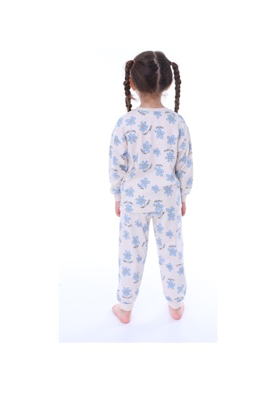 %100 Pamuk Çiçek Desenli Uzun Kollu Kız Çocuk Pijama Takımı 3,4,5,6,7,8 Yaş Mavi