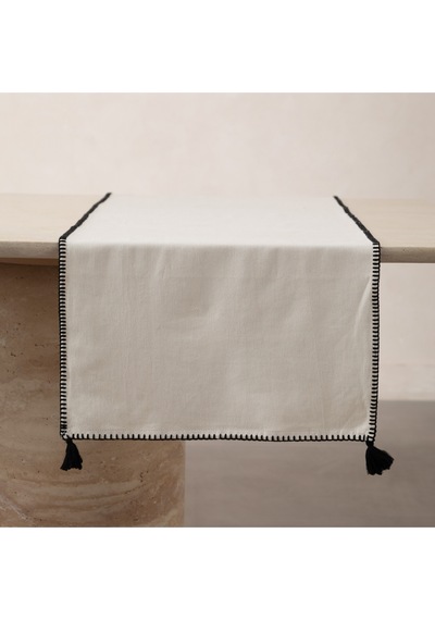 Mudo Home Oradea Püsküllü Runner Siyah 45x145 Ekru
