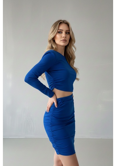 Defymoda Kadın Davet Şıklığı Vatkalı Elbise Mavi