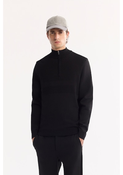 Avva Erkek Siyah Dik Yaka Fermuarlı Rayon Tüylenmeyen Triko Regular Fit Kazak A52y5021