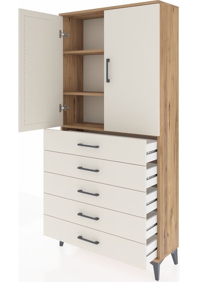 Arges Dolap 3 Raflı 5 Çekmeceli 2 Kapaklı 88x30x182 Çam-aytaşı Çam