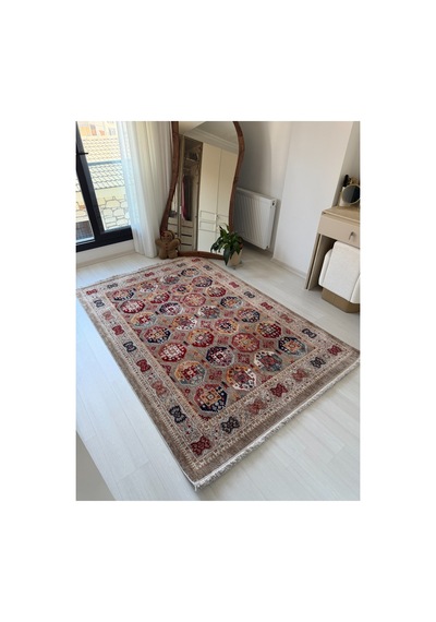 Alize Klasik Desenli Salon Halısı Etnik Motifli Saçaklı Dekoratif Bej Bordo Halı Bej