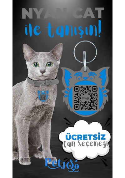Petjoo 2.Nyan Cat Mavi-Gri Qr'lı Kedi Künyesi