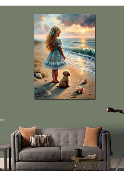 Kanvas Tablo Kumsaldaki Küçük Kız Ve Köpek 70cmx100cm
