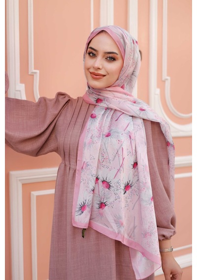 Mimiyum Papatya Desen Nayf İpek Şal Şeker Pembe