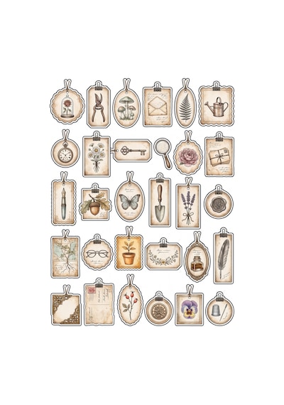 30 Adet Vintage Botanik Antika Sticker Seti - Ajanda Defter Scrapbook İçin Estetik Tasarım Çok Renkli
