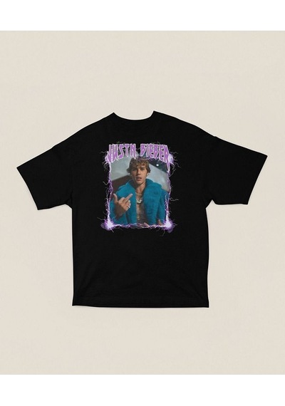Justin Bieber Baskılı Unisex Oversize Şarkıcı Tişört Siyah