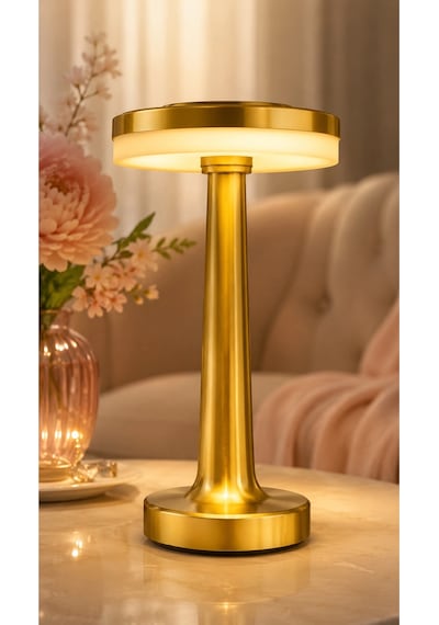 Lüks Gold Mantar Masa Lambası 3 Renk Modlu Kablosuz Şarjlı Dekoratif Metal Abajur Altın