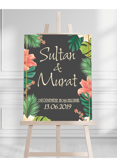 Söz Nişan Düğün İçin 50x70 Karşılama Panosu - Tropikal Çiçek Temalı Beyaz