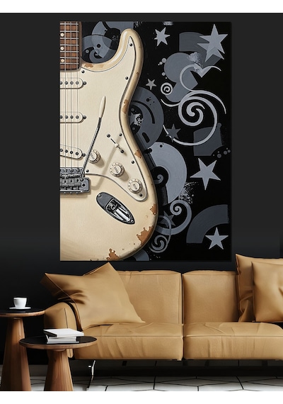 Ahşap Tablo Siyah Beyaz Gitar Desenleri Aşk Temalı Tablolar