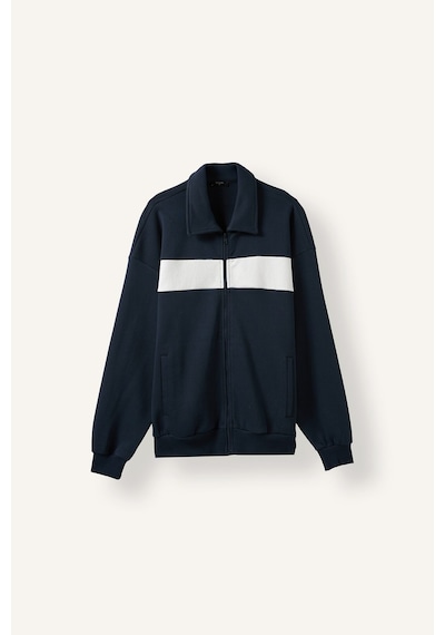 Defacto Boxy Fit Polo Yaka Fermuarlı Şeritli Sweatshirt Hırka I0631ax26aunv146 Lacivert-nv146