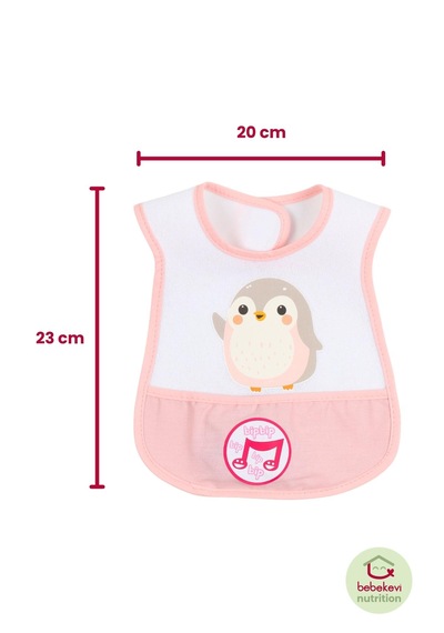 Düdüklü Cepli Sıvama Mama Önlüğü - Minik Penguen Pembe Bebek Önlüğü Koyu Pembe