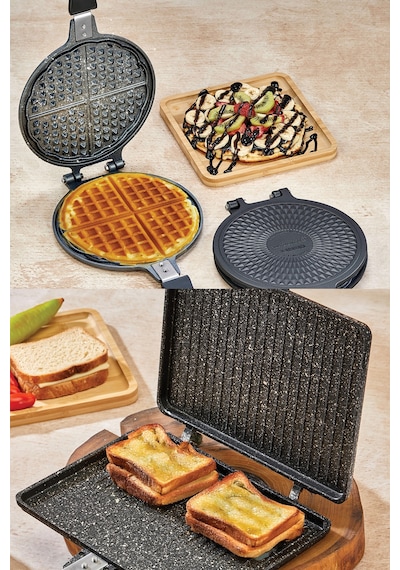 Granit Waffle Ve Tost Tavası Seti Gümüş- Siyah