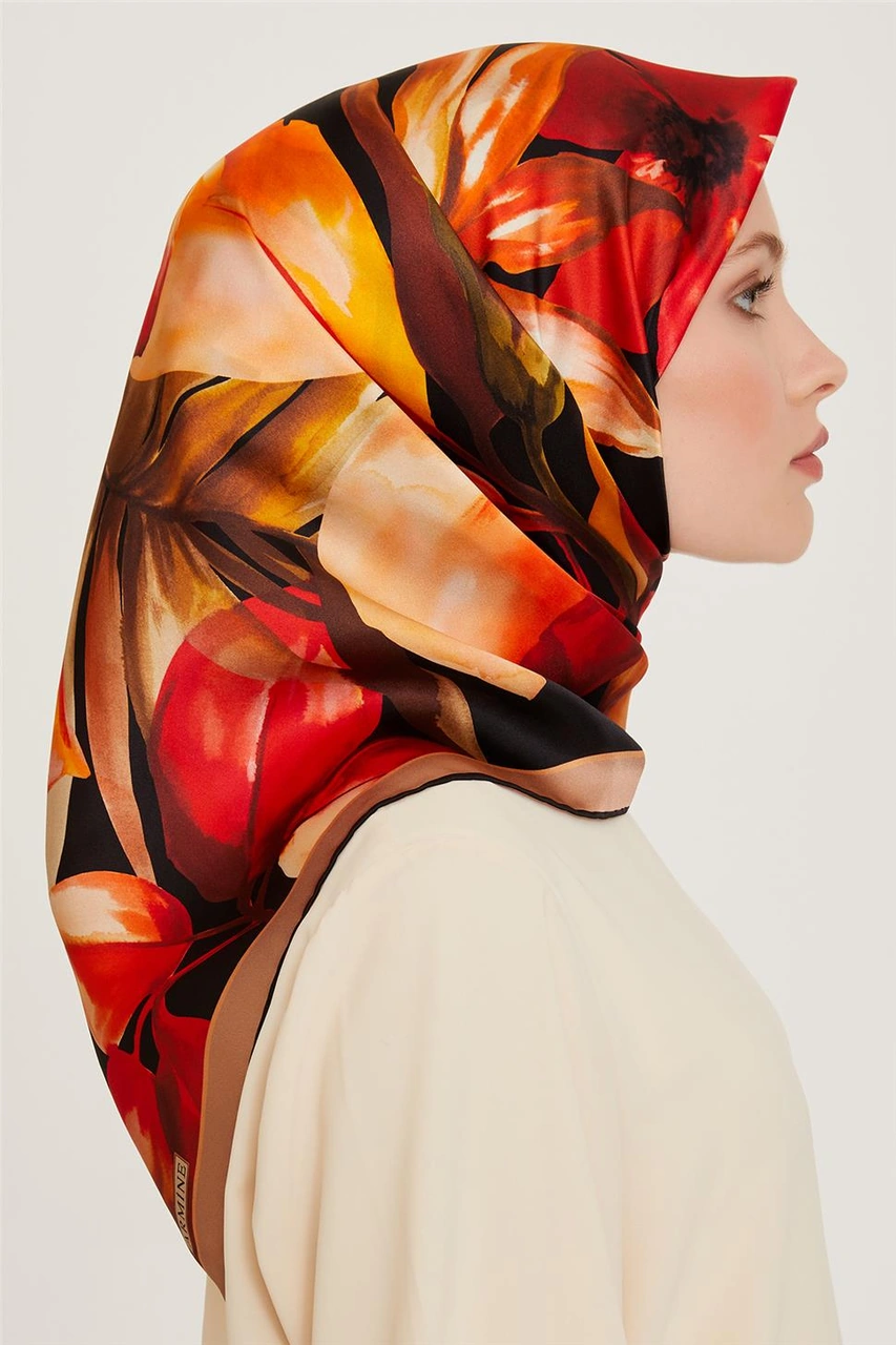 Armine Çiçek Desenli Twill Saf İpek Eşarp 9205d 06 Çok Renkli