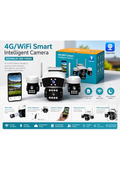 X5 Tech Yt-95w 3mp+3mp+3mp 3 Kameralı Wi-fi Kamera V380 Gece Renkli 360 Derece Led Aydınlatmalı Adap