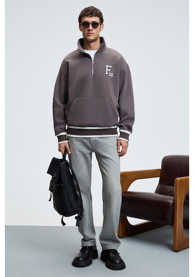 Grimelange PLATA Erkek Yarım Fermuarlı Kanguru Cepli Etek Ve Kolda Triko Detay Relaxed Fit Füme Sweatshirt