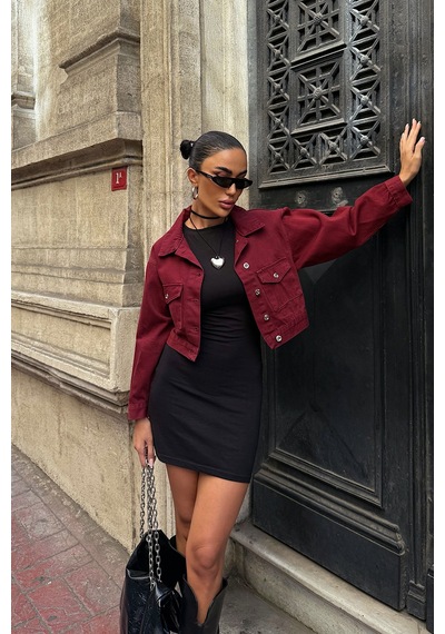 Bordo Çift Cep Denim Crop Ceket Bcdf-255419 Çok Renkli
