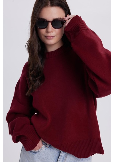 Tudors Kadın Oversize Geniş Kesim Bisiklet Yaka Bordo Kazak-41709