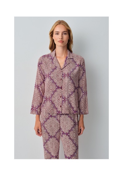 Suwen Harper Gömlek Yaka Pijama Takımı Wsh10510047662 Bordo Desenli