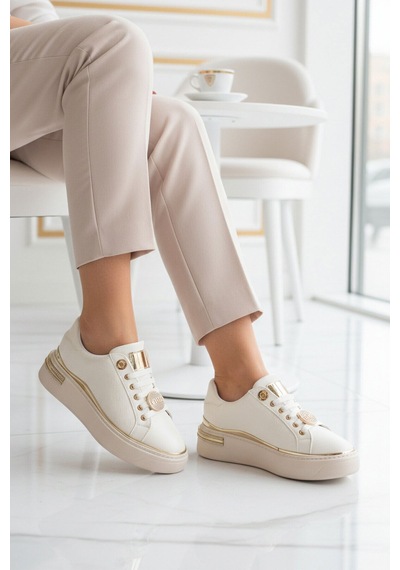 Ayakmod Beyaz Bağcıklı Taş İşlemeli Hafif Kadın Sneaker 431156 Z Beyaz