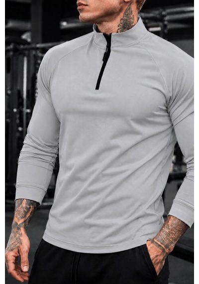 Genius Store Erkek Yarım Fermuarlı Compression Uzun Kol Spor Tişört Ve Fitness Tişörtü Dalgıç-uzun Gri