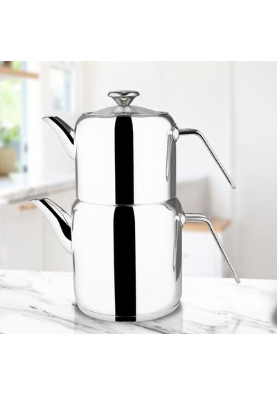 Çelik Çaydanlık Takımı Silindir Model Metal Saplı Çelik