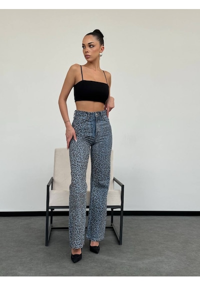 Desenli Yüksek Bel Denim Royal Mavi