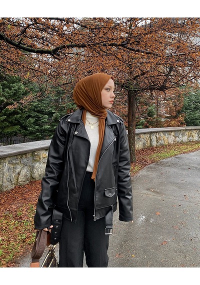 Kadın Siyah Oversize içi Kürklü Kemerli Biker Deri Ceket Siyah