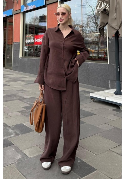 Madmext Acı Kahverengi Basic Kadın Gömlek Pantolon İkili Takım Mg2352 Acı Kahverengi