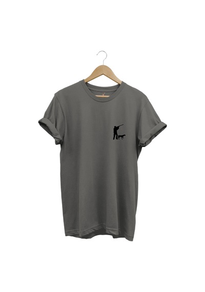 Hunting Avcılık Minimal Av Köpeği Ve Avcı Baskılı %100 Pamuk Regular Fit Unisex T-shirt Gri