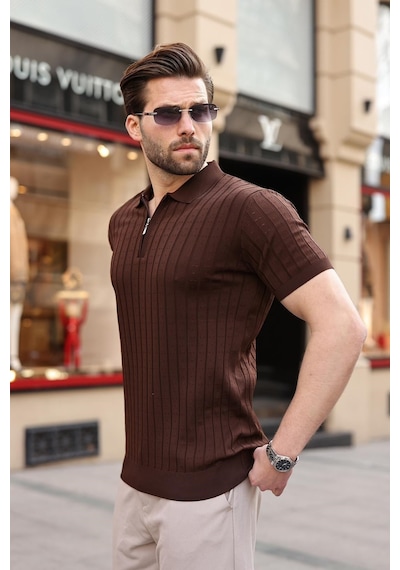 Kahverengi Polo Yaka Slim Fit Triko Erkek Tişört E7465 Kahverengi