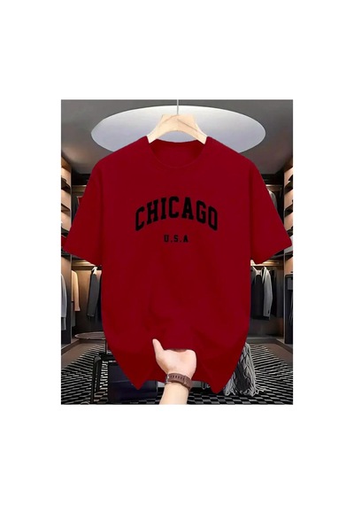 Medinenur Chicago Yazı Detaylı Basic T-shirt Kırmızı