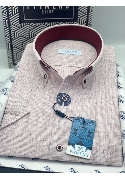Klasik Kısa Kol Keten Yaka Düğmeli Hediye Kutulu Erkek Gömlek Fs-003626 - Bordo-2412